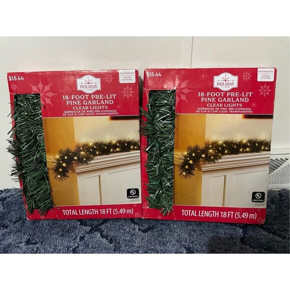 Brand New Holiday Time 18 Foot Pre Lit Garland for Decorating Christmas Lot of 2 - Picture 1 of 4